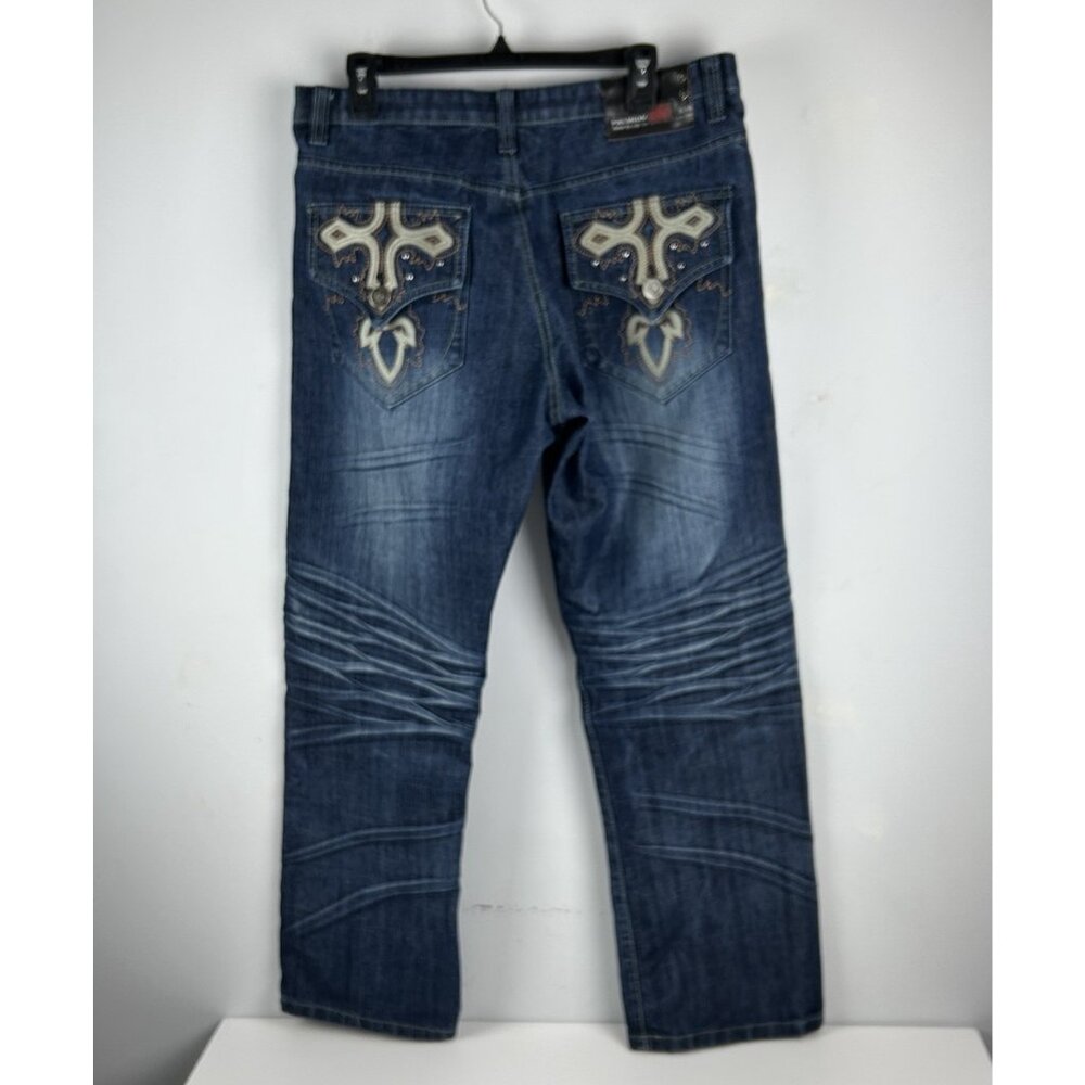 Y2K Premium Raw Blue Embroidered Pocket Jeans (Men's 36x32)